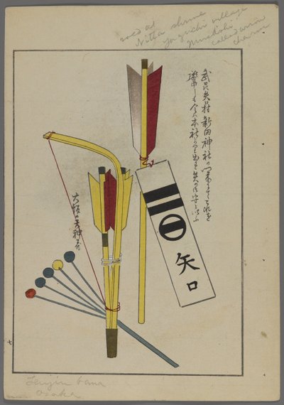 Japanische Spielzeuge, aus Unai no tomo (Ein Kinderfreund) von Shimizu Seifu, 1891-1923. Bogen und Pfeile. von Shimizu Seifu